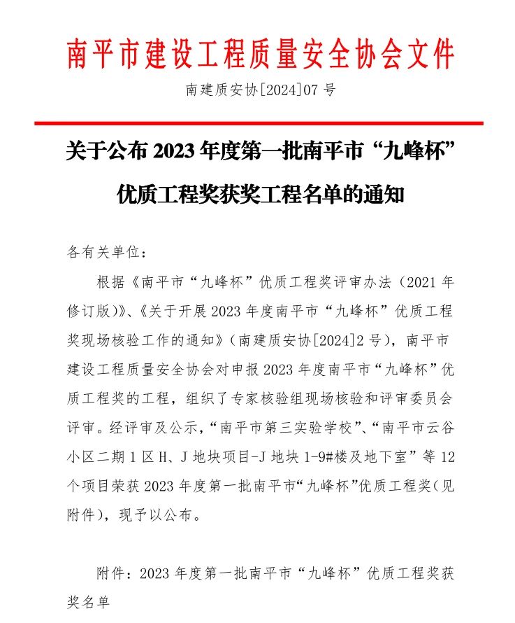 尊龙时凯集团有限公司多个项目获得南平市“九峰杯”优质工程奖！！