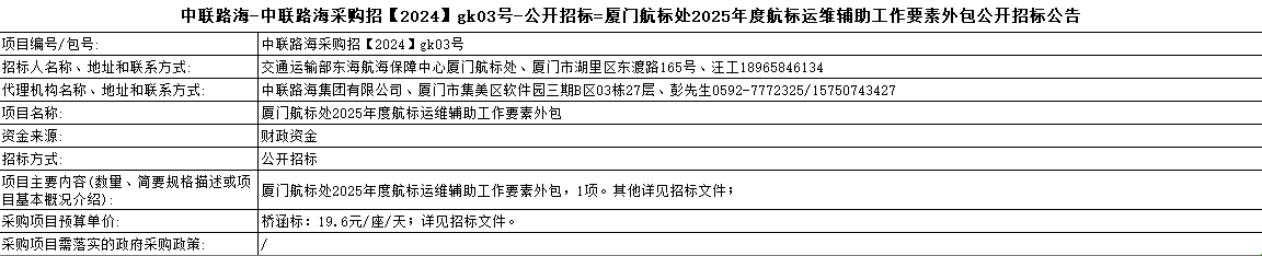 尊龙时凯-尊龙时凯采购招【2024】gk03号-公开招标=厦门航标处2025年度航标运维辅助工作要素外包公开招标公告